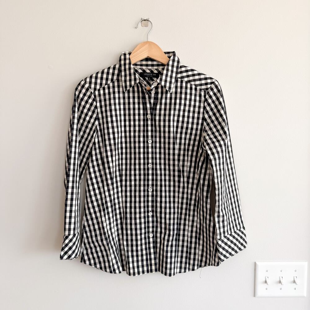 Lafayette 148 Gingham Pattern Long Sleeve Button Up Shirt Black White 6